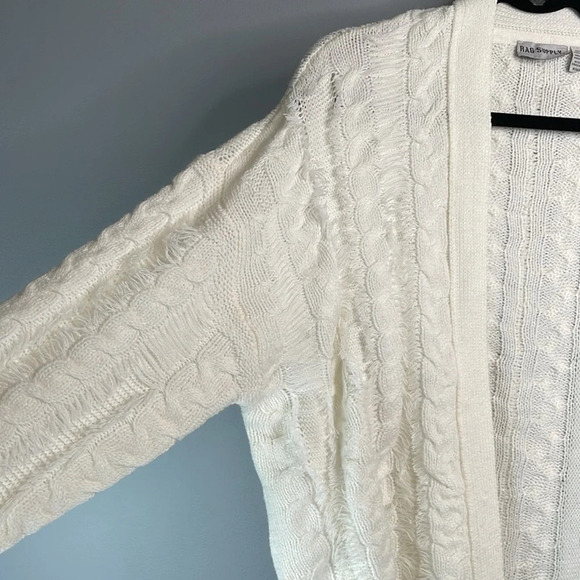 RAG SUPPLY Cable Knit Open Cardigan Sweater Ivory Fringe Knit Cotton Blend M - Picture 4 of 12